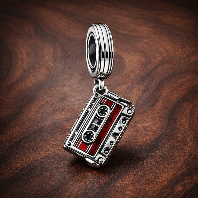Movie Ticket Charm - Red Movie Ticket Dangle Charm — display on walnut