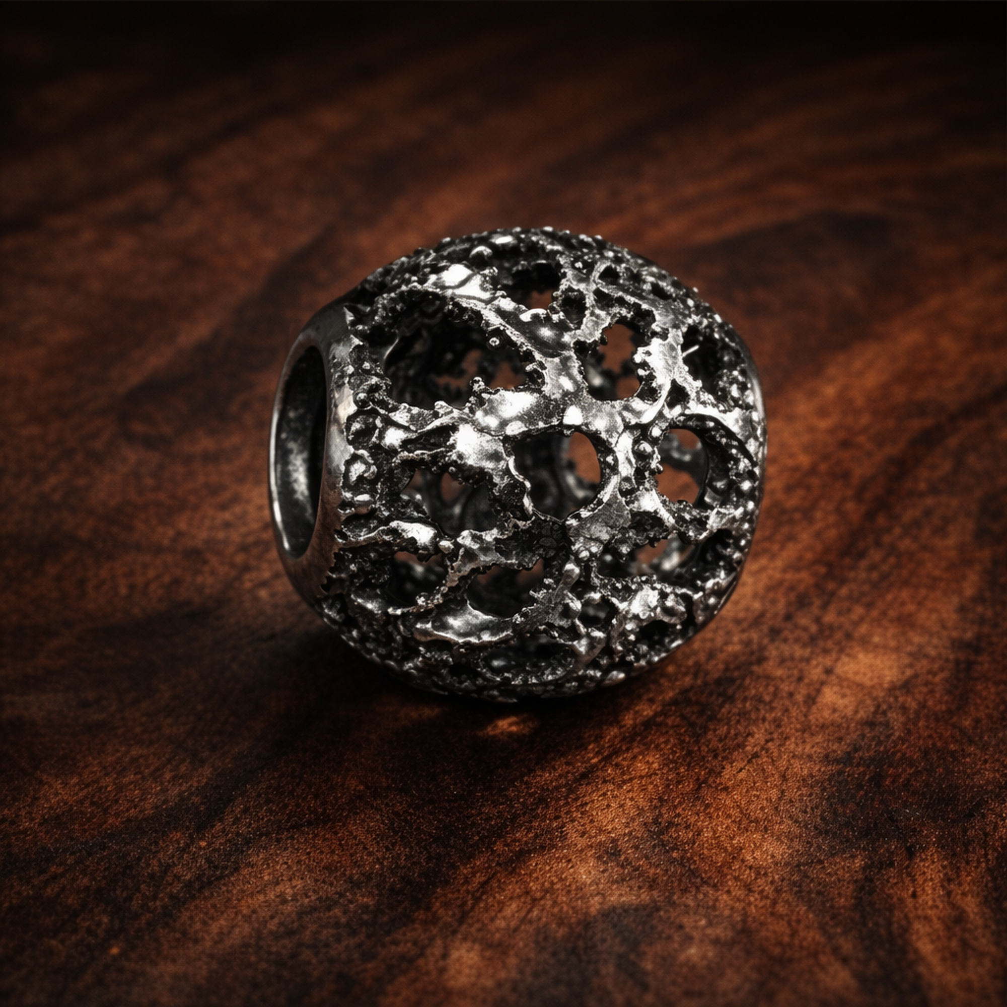 Clear Floral Medallion Bead - Clear Floral Pavé Medallion Bead — display on walnut