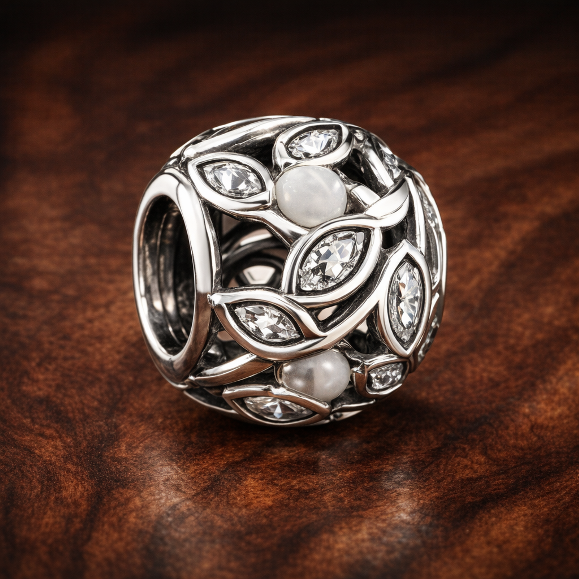 Leaf Vine Bead - Silver Leaf Vine Openwork Bead — display on walnut