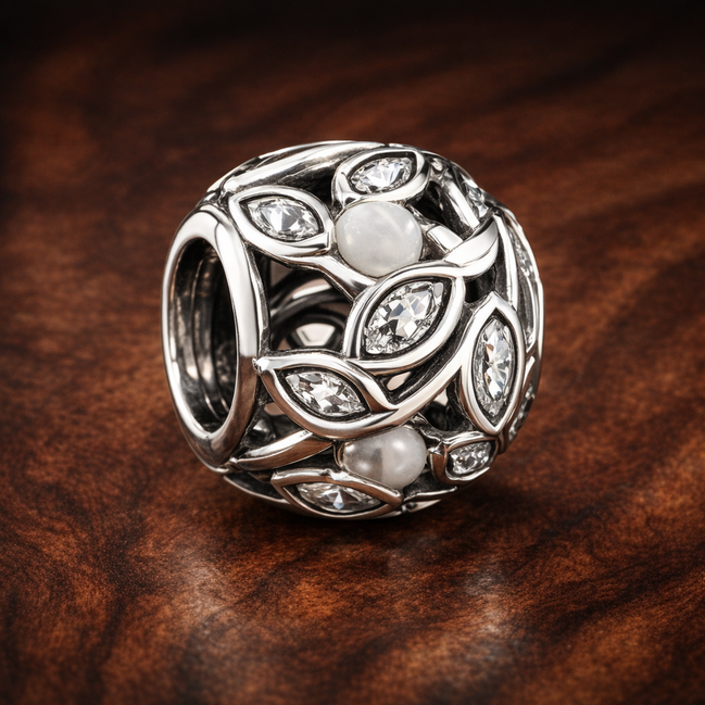 Leaf Vine Bead - Silver Leaf Vine Openwork Bead — display on walnut
