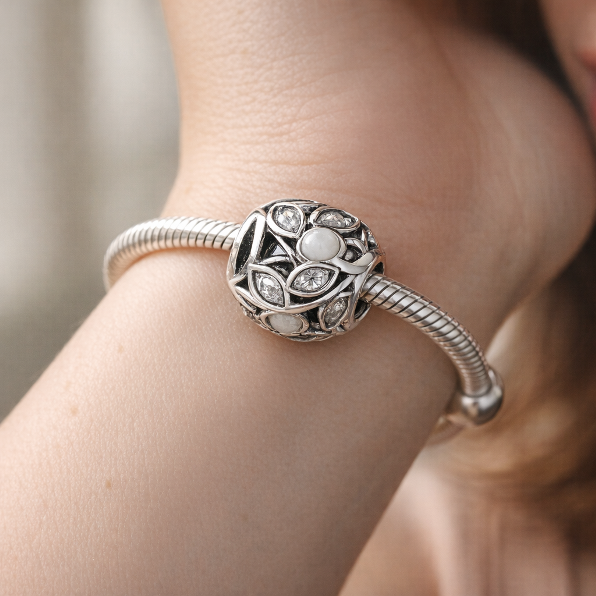 Leaf Vine Bead - Silver Leaf Vine Openwork Bead — worn on wrist