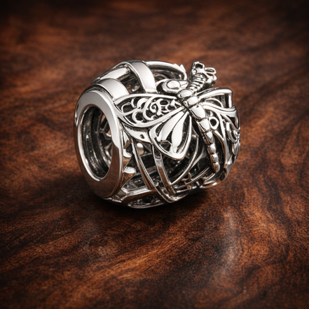 Butterfly Openwork Bead - Silver Butterfly Openwork Bead — display on walnut