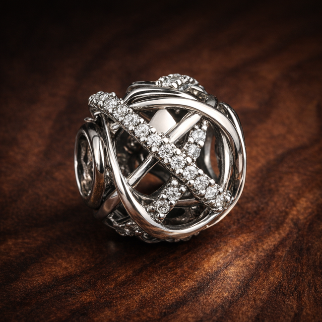 Crystal Lattice Bead - Silver Crystal Lattice Bead — display on walnut