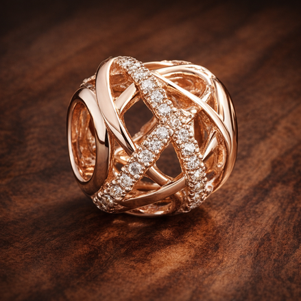 Rose Gold Plated Lattice Bead - Rose Gold Plated Crystal Lattice Bead — display on walnut