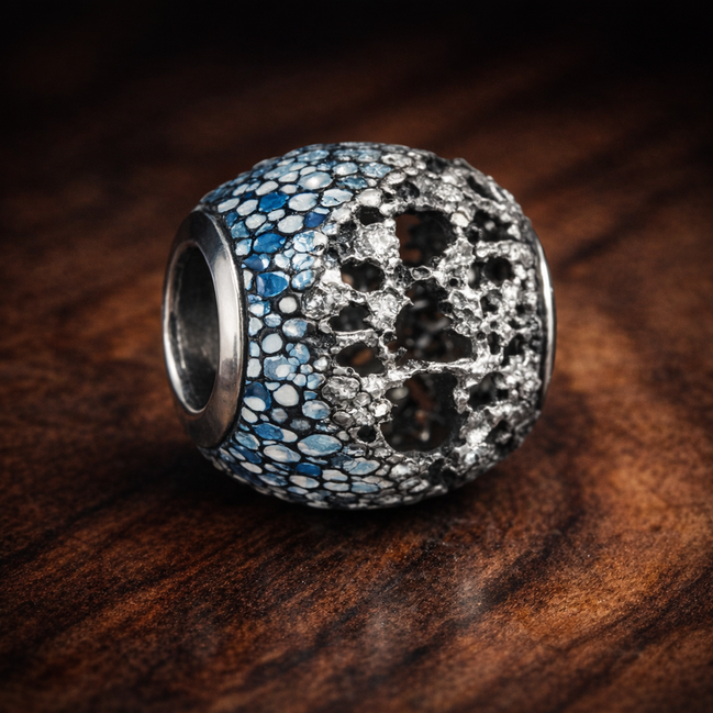 Icy Blue Pavé Bead - Icy Blue and Clear Pavé Bead — display on walnut