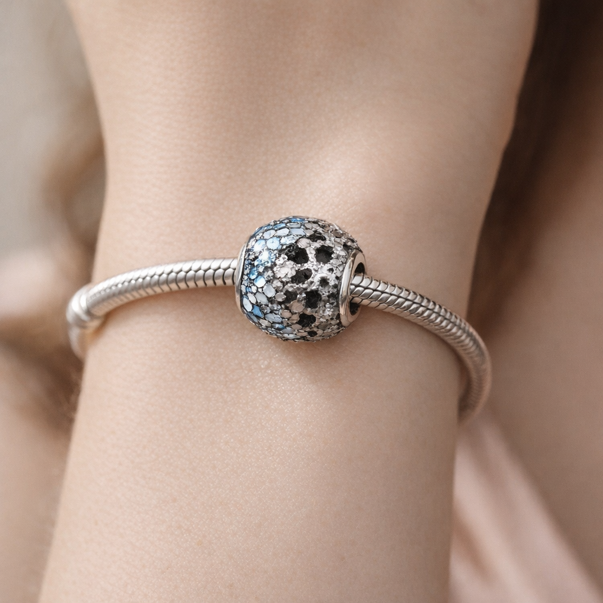 Icy Blue Pavé Bead - Icy Blue and Clear Pavé Bead — worn on wrist