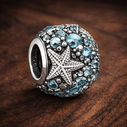Starfish Ocean Bead - Aqua Starfish Ocean Charm — display on walnut