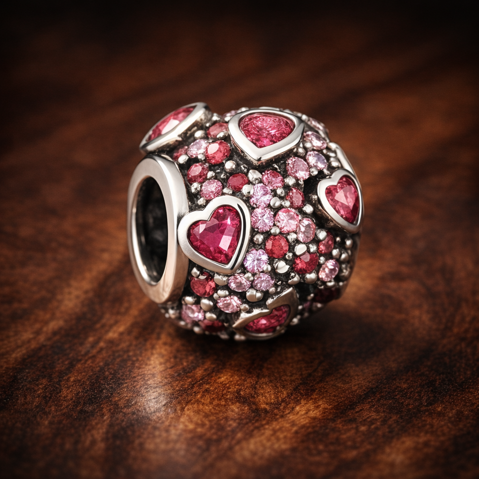 Pink Hearts Bead - Pink Heart Pavé Bead — display on walnut