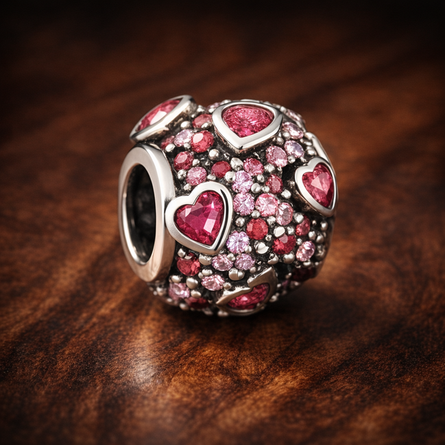 Pink Hearts Bead - Pink Heart Pavé Bead — display on walnut