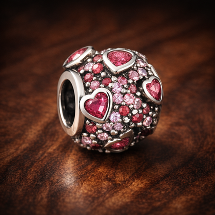 Pink Hearts Bead - Pink Heart Pavé Bead — display on walnut