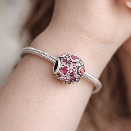 Pink Hearts Bead - Pink Heart Pavé Bead — worn on wrist