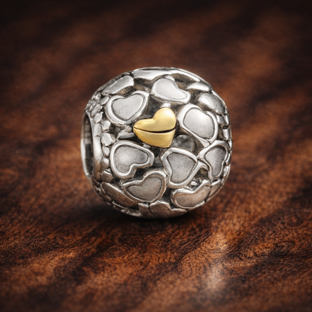 White Heart Mosaic Bead - White Enamel Heart Mosaic Bead — display on walnut