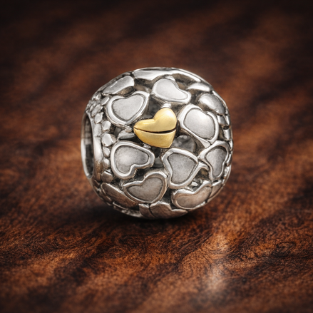 White Heart Mosaic Bead - White Enamel Heart Mosaic Bead — display on walnut