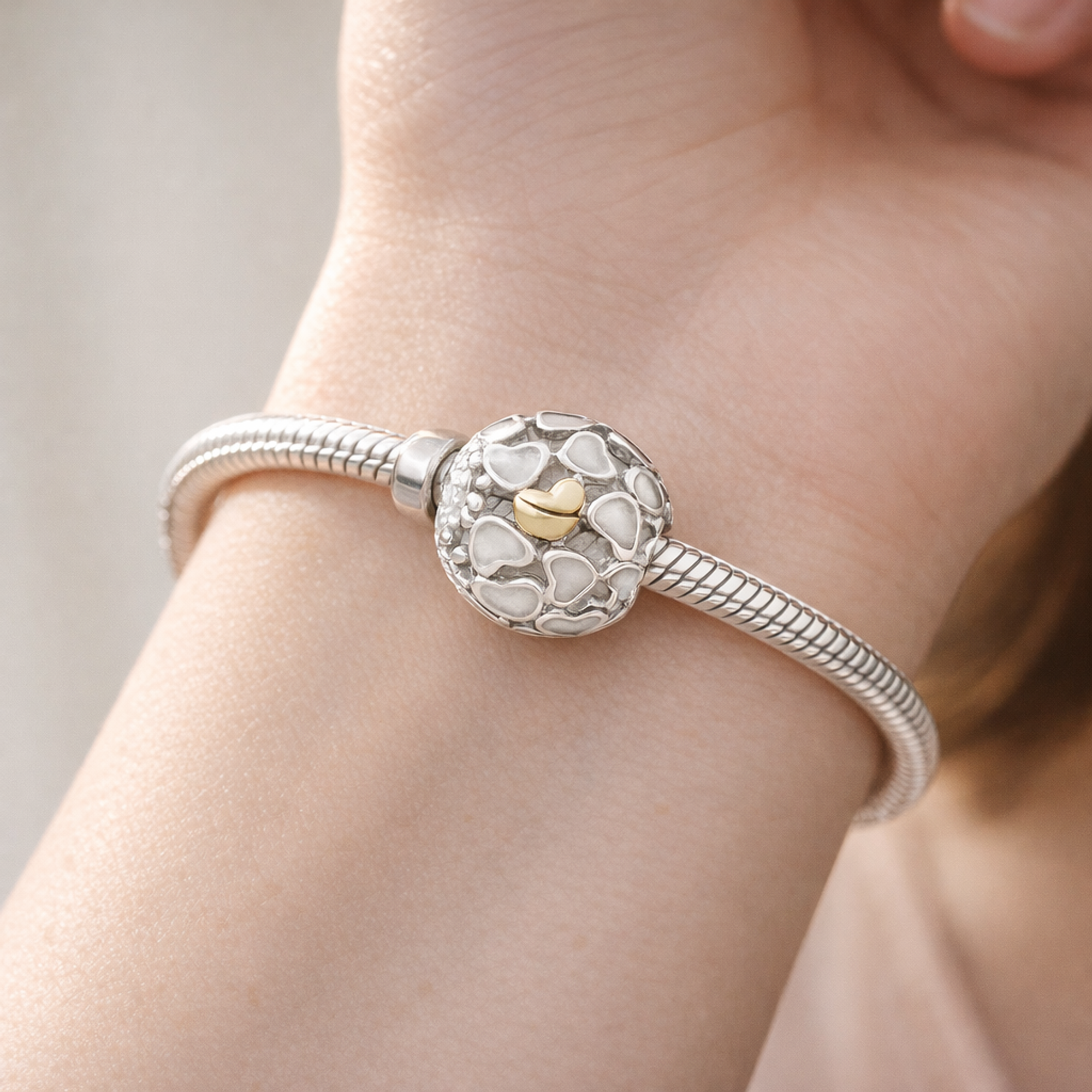 White Heart Mosaic Bead - White Enamel Heart Mosaic Bead — worn on wrist