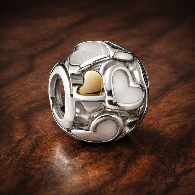White Heart Window Bead - White Enamel Heart Window Charm — display on walnut