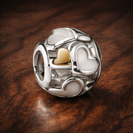 White Heart Window Bead - White Enamel Heart Window Charm — display on walnut