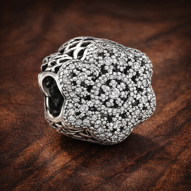 Clear Floral Cluster Bead - Clear Floral Cluster Sparkle Bead — display on walnut