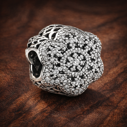 Clear Floral Cluster Bead - Clear Floral Cluster Sparkle Bead — display on walnut