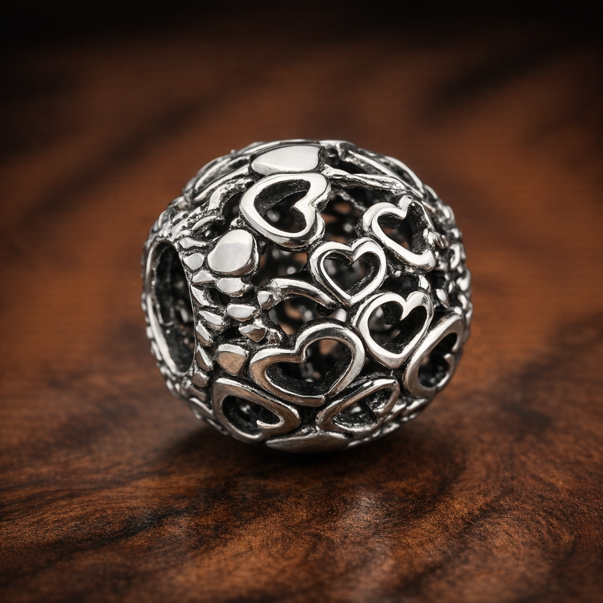 Black Pandora Heart Bead - Black and Silver Heart Logo Charm — display on walnut