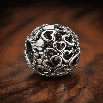 Black Pandora Heart Bead - Black and Silver Heart Logo Charm — display on walnut