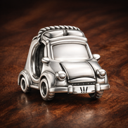 Silver Vintage Car Charm - Silver Vintage Car Bead Charm — display on walnut