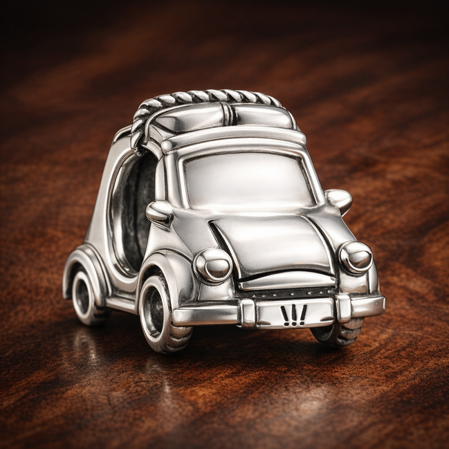 Silver Vintage Car Charm - Silver Vintage Car Bead Charm — display on walnut