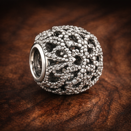 Silver Floral Vine Bead - Silver Floral Vine Sparkle Charm — display on walnut