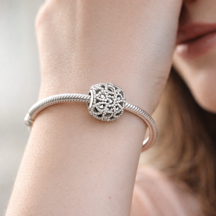 Silver Floral Vine Bead - Silver Floral Vine Sparkle Charm — worn on wrist
