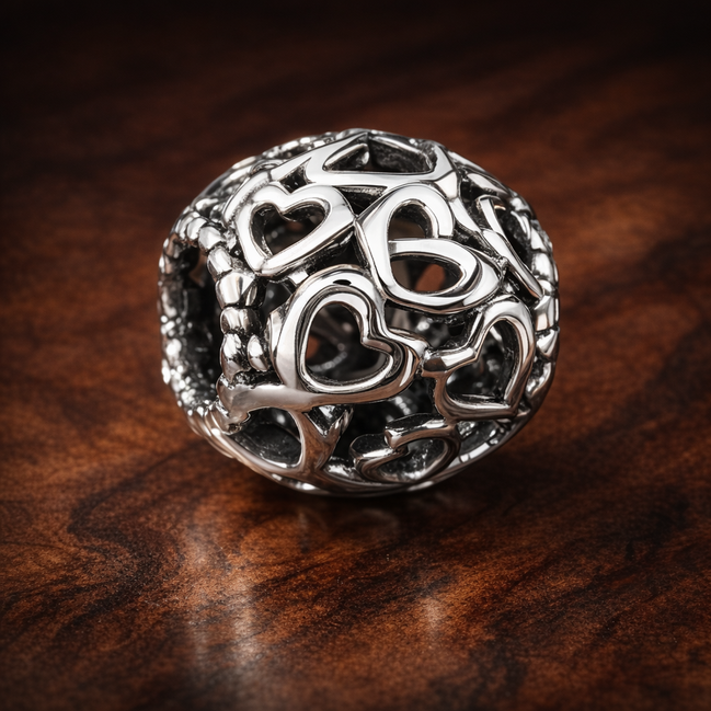Silver Love Knot Bead - Silver Open Love Knot Charm — display on walnut