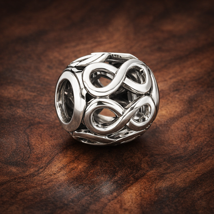 Silver Infinity Knot Bead - Silver Infinity Loop Charm — display on walnut