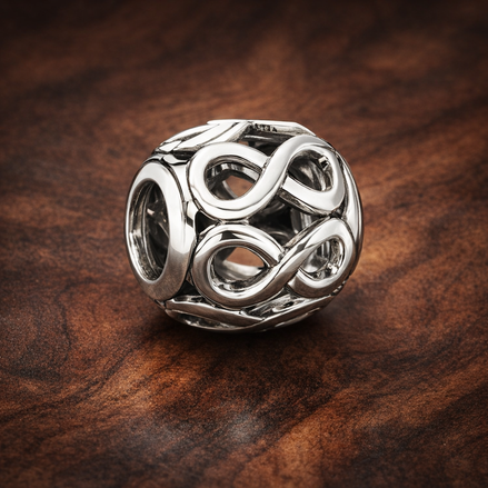 Silver Infinity Knot Bead - Silver Infinity Loop Charm — display on walnut