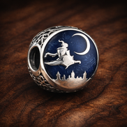 Witch Moon Charm - Witch Flying Under Moon Charm — display on walnut
