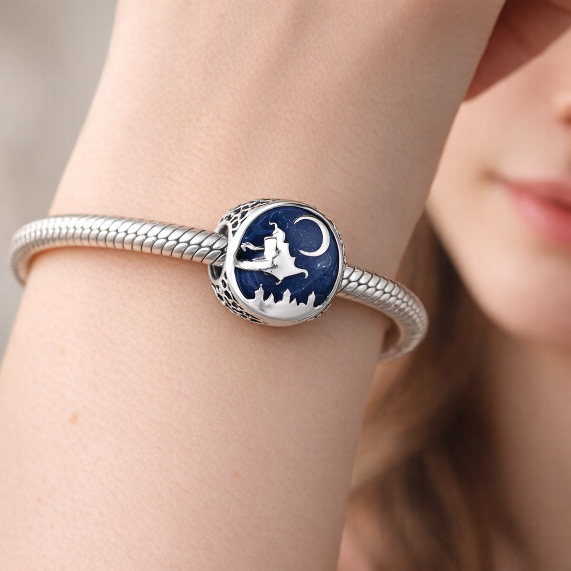 Witch Moon Charm - Witch Flying Under Moon Charm — worn on wrist