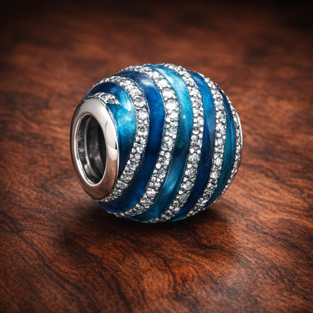 Blue Ribbed Sparkle Bead - Blue Ribbed Enamel Sparkle Bead — display on walnut