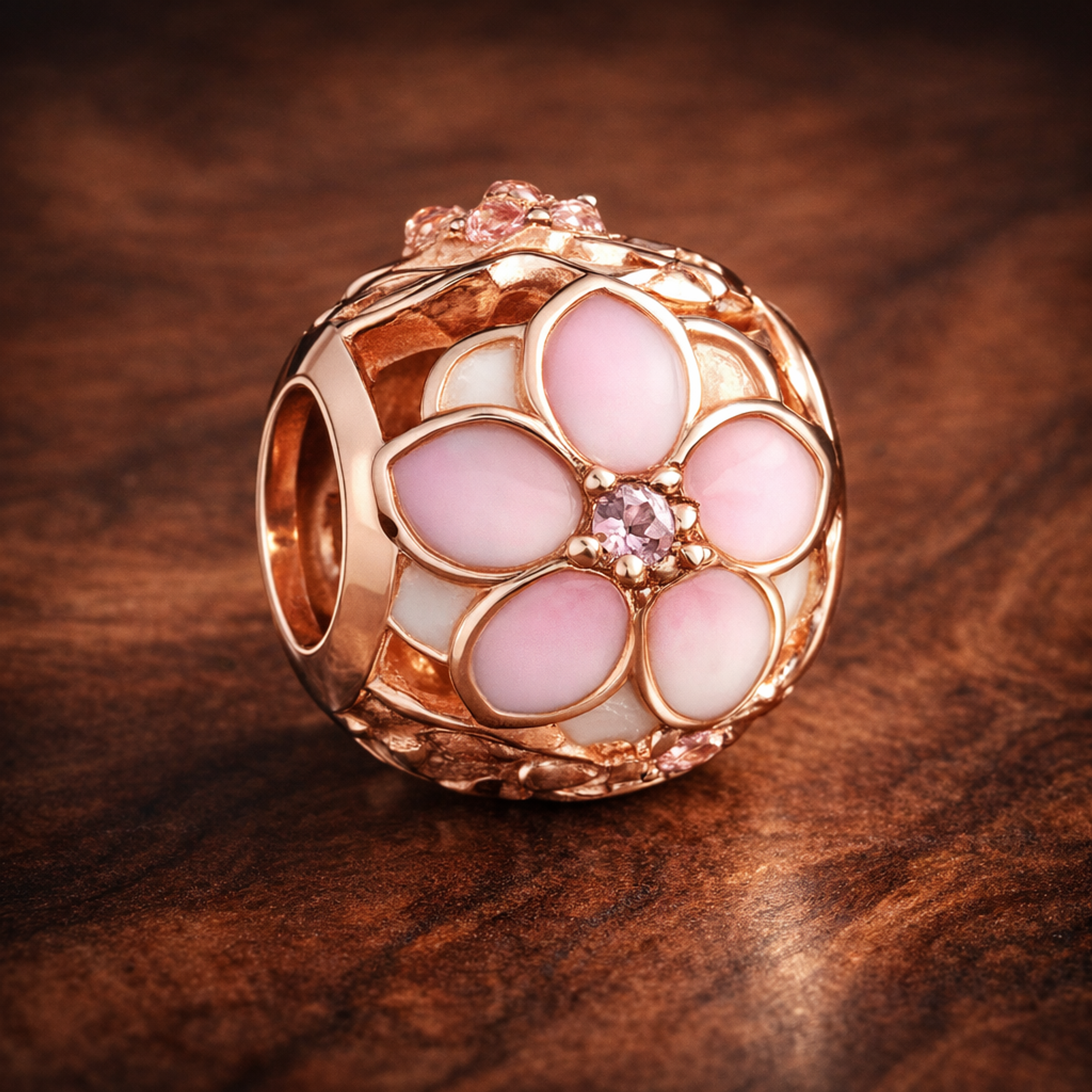 Pink Flower Enamel Bead - Pink Flower Enamel Charm — display on walnut