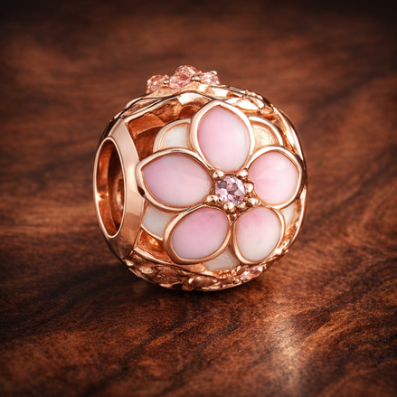 Pink Flower Enamel Bead - Pink Flower Enamel Charm — display on walnut