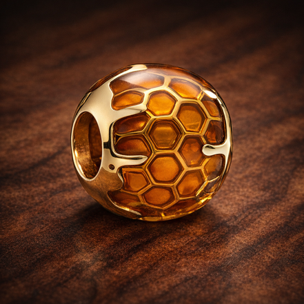 Amber Honeycomb Bead - Amber Honeycomb Enamel Charm — display on walnut