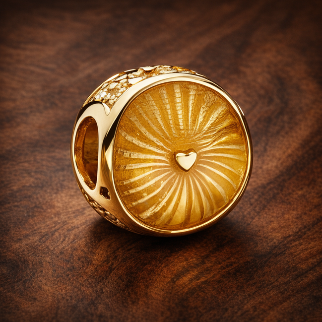 Golden Sunburst Heart Bead - Gold Plated Sunburst Heart Charm — display on walnut