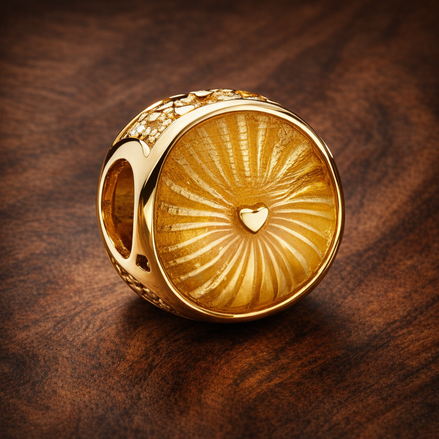 Golden Sunburst Heart Bead - Gold Plated Sunburst Heart Charm — display on walnut