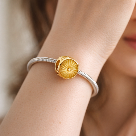 Golden Sunburst Heart Bead - Gold Plated Sunburst Heart Charm — worn on wrist