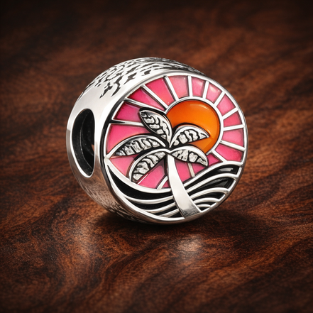 Red Graphic Enamel Bead - Red Graphic Pop Enamel Charm — display on walnut