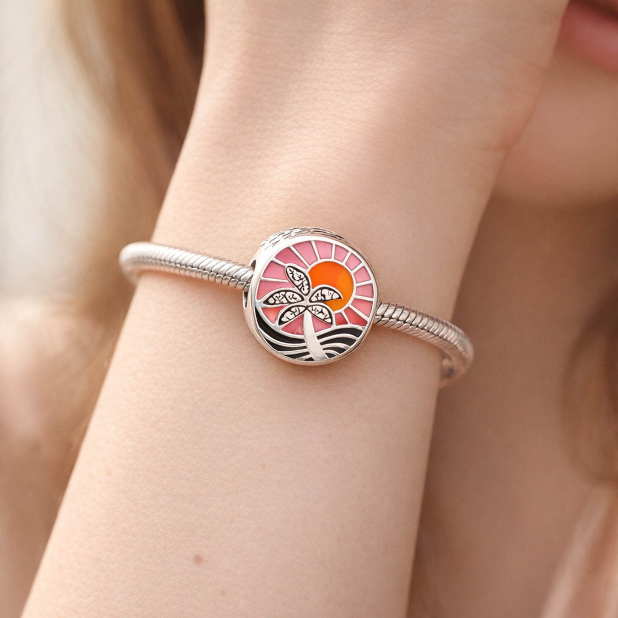 Red Graphic Enamel Bead - Red Graphic Pop Enamel Charm — worn on wrist