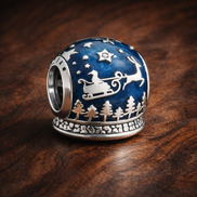 Santa Sleigh Night Bead - Blue Santa Sleigh Winter Charm — display on walnut