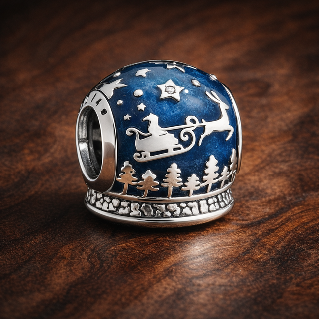 Santa Sleigh Night Bead - Blue Santa Sleigh Winter Charm — display on walnut