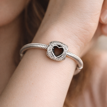 Silver Heart Outline Charm - Silver Heart Outline Sparkle Charm — worn on wrist