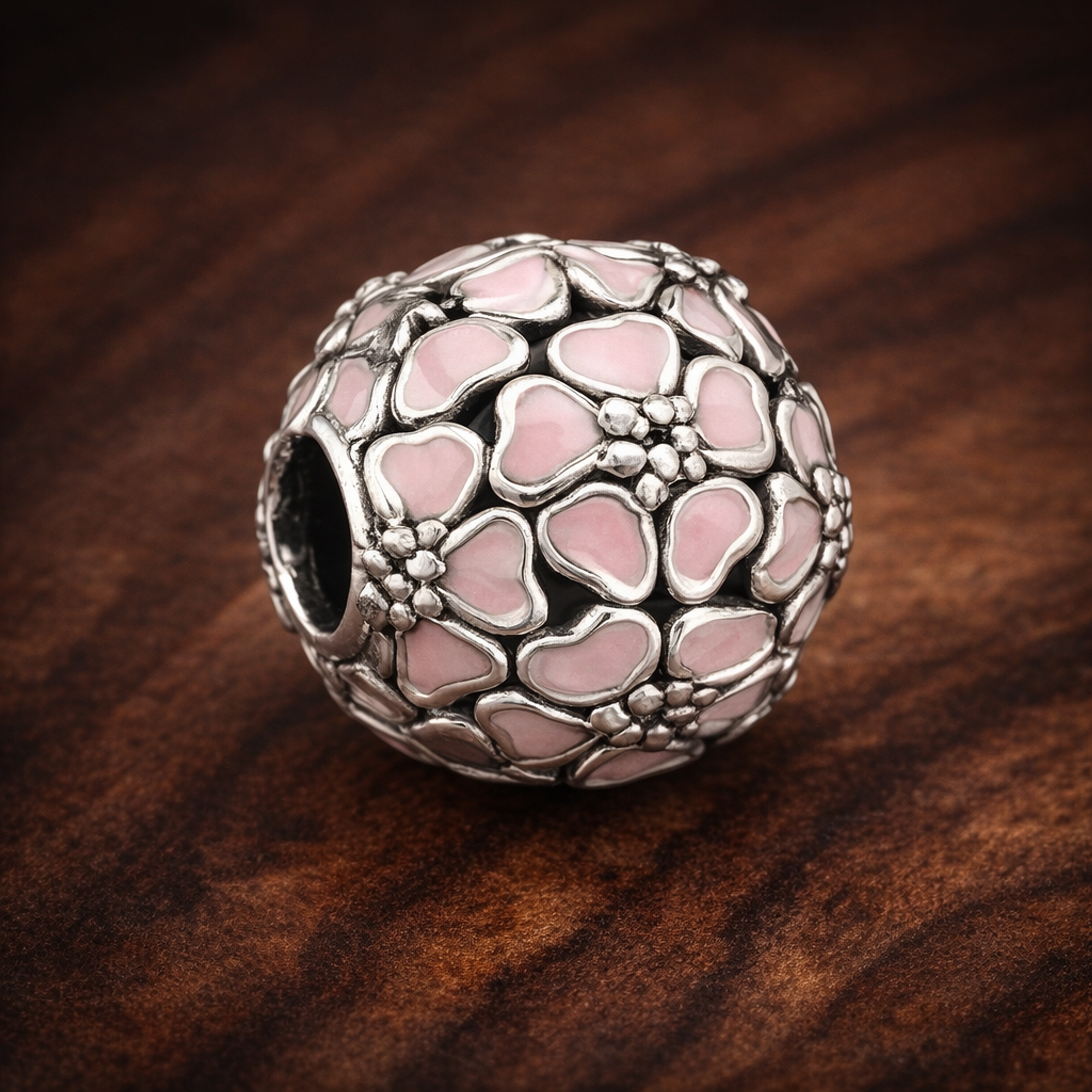 Pink Heart Cluster Bead - Pink Heart Cluster Charm — display on walnut