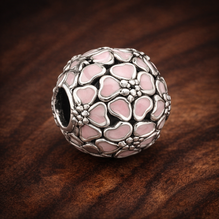 Pink Heart Cluster Bead - Pink Heart Cluster Charm — display on walnut