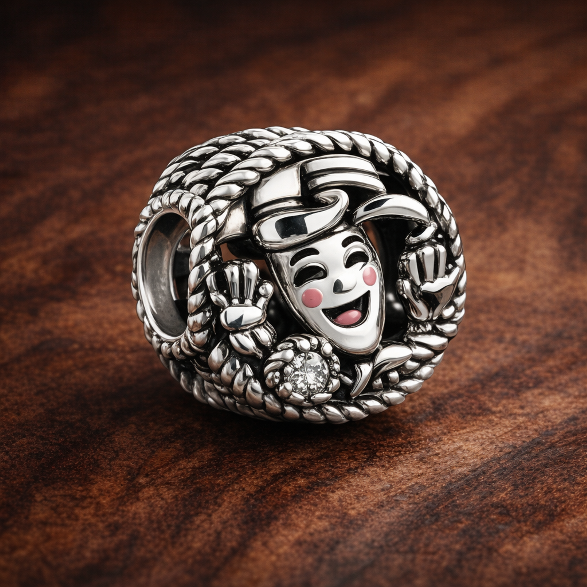 Holiday Wreath Character Bead - Christmas Character Wreath Charm — display on walnut