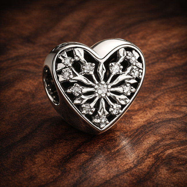 Heart Snowflake Sparkle Bead - Heart Snowflake Sparkle Charm — display on walnut