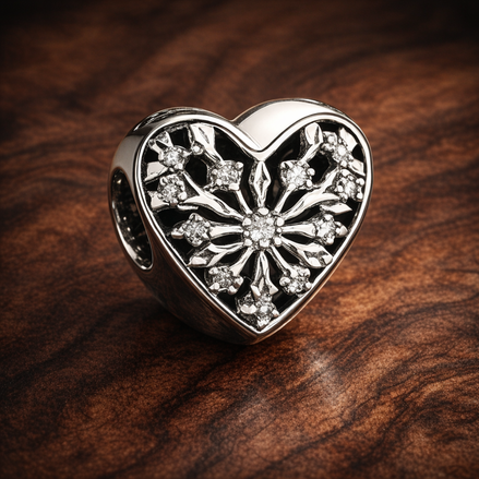Heart Snowflake Sparkle Bead - Heart Snowflake Sparkle Charm — display on walnut